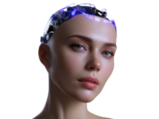 Futuristic technology event featuring ai-powered headgear urban studio digital portrait modern aesthetic close-up perspective