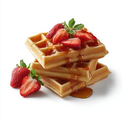 Three Waffles with Strawberries and Syrup