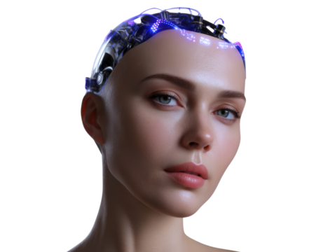 Futuristic technology event featuring ai-powered headgear urban studio digital portrait modern aesthetic close-up perspective