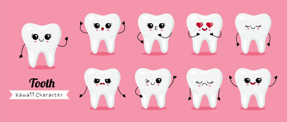 Obraz premium Set of kawaii cartoon tooth characters