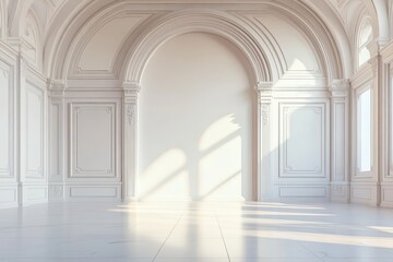 Fototapeta premium Elegant white room with arches, panels, and bright sunlight streaming in. Use this beautiful space to showcase art, design or any creative concept.