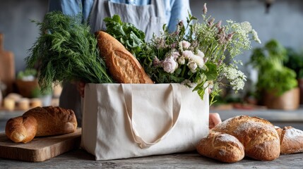 Tote Bag with Bread, Flowers, and Greens Held by Person