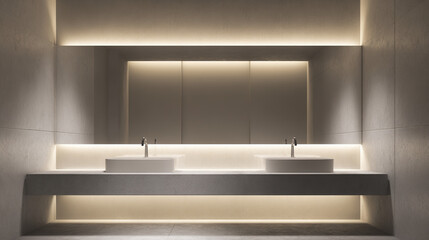 Minimalist bathroom with clean lines and neutral tones, empty counter space, soft lighting - simplicity and modern elegance
