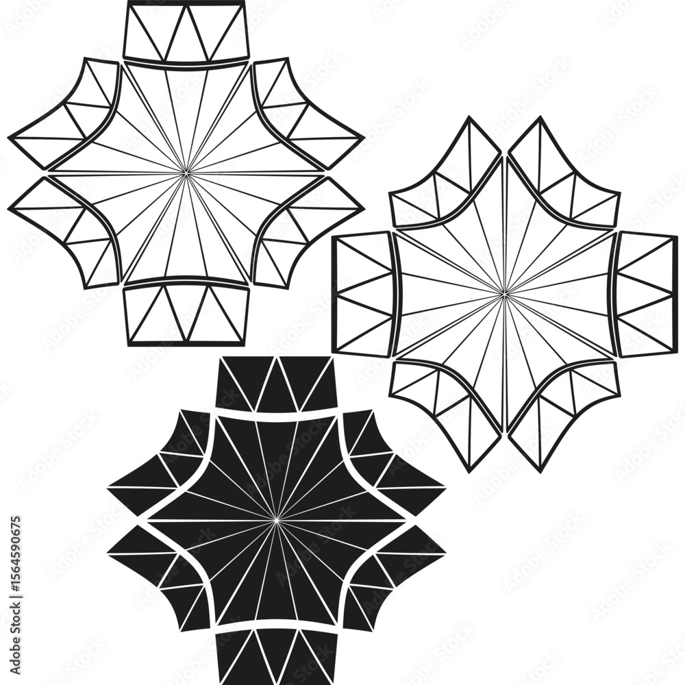 Poster geometric star icons. faceted polygon wheels. angular rosette forms. vector symmetry set.