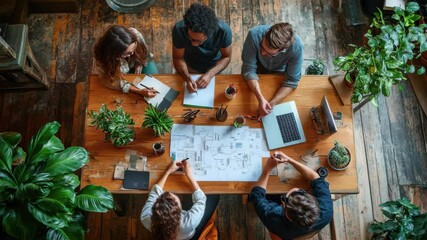 A diverse team collaborates around a large wooden table in a modern office, working on a project together