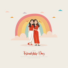 Happy Friendship Day Post and Greeting Card. Friendship Day Celebration Banner with a Girl and kittens Vector Illustration