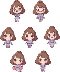 Cute Kawaii Girl Face Expression Icon Set Illustration