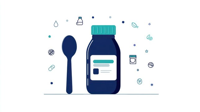 Illustration of a dark bottle with a teal cap and label, next to a spoon, surrounded by related icons