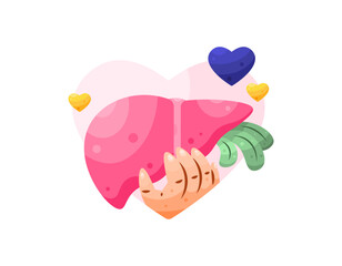 the concept of concern for liver organ health awareness. care and be aware of health. illustration of a hand holding a liver organ with a heart symbol. flat style design. world hepatitis day elements