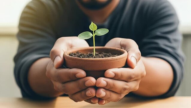 A person holds a small terracotta pot with a sprouting seedling