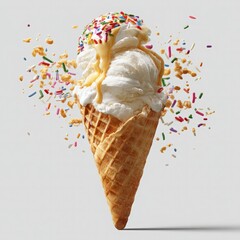 Vanilla Ice Cream Cone with Sprinkles and Caramel