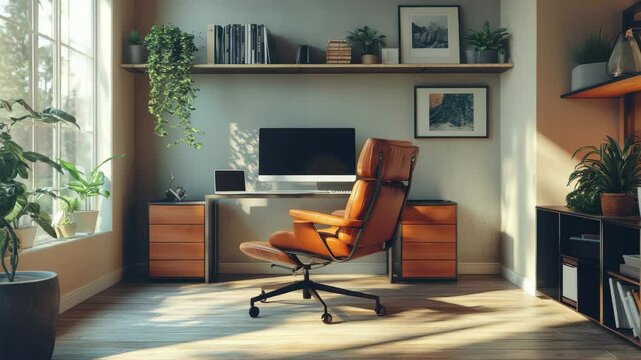 A stylish home office features a comfortable leather chair and a modern desk bathed in sunlight