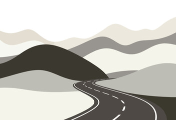 Abstract road winding through minimalist gray mountains  