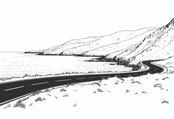 Fototapeta premium Scenic winding road by the coast with mountains in black and white 