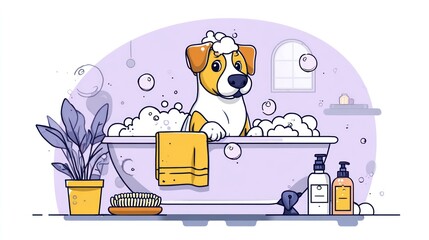 Cute dog taking a bath in a bathtub filled with bubbles