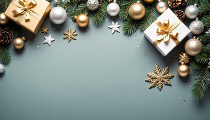 Festive holiday decoration with gold and silver presents christmas theme creative arrangement cozy environment aerial view celebration concept