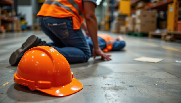 Worker in orange safety vest kneels on warehouse floor, attending to injured colleague. Safety helmets are placed nearby, emphasizing workplace safety and emergency response