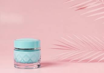 Aqua cream jar with pink palm leaves blue