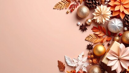 Festive decor arrangement holiday celebration decorative elements cozy atmosphere flat lay seasonal cheer