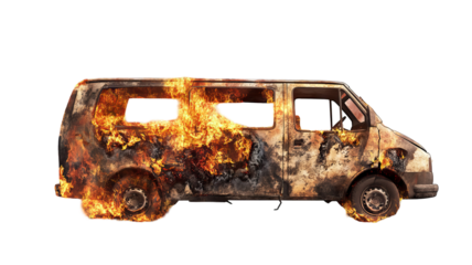 Severely damaged van engulfed in raging fire, charred metal and billowing smoke isolated on transparent background — ultra-high-resolution PNG cutout ideal for dramatic emergency accident visuals