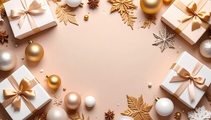Elegant gift presentation with gold accents and seasonal decor festive celebration flat lay arrangement warm environment aesthetic perspective