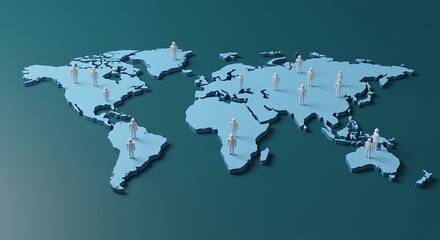 Global Presence: Stylized World Map with Human Figures in Teal Tones