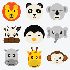 Set of kawaii animal faces including lion, panda, koala, giraffe, monkey, penguin, hippo, elephant, and cow. Colorful flat design perfect for kids, stickers, and educational materials.