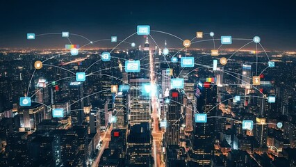 Aerial network of glowing icons overlaid on a nighttime city skyline - Powered by Adobe