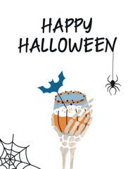 Flat cartoon vector illustration of Halloween party invitation, greeting card with skeleton hand holding pumpkin cocktail, bat decoration, spider and web. Holiday banner, spooky drink, celebration