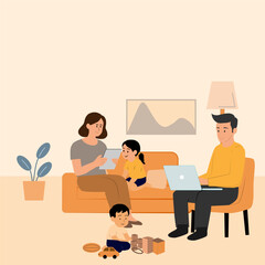 Father working and mather happy for waะch Theatre on smart pad with their children in a cazy living room,Domestic activity concept,Modern vector flat design,minimal interior