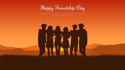 Happy international friendship day Banner and Greeting Card. Modern and Minimal Friendship Day friends group Background with Text and rainbow Vector Illustration