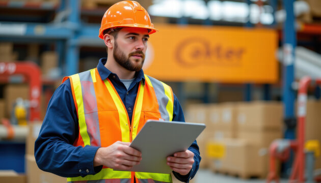 Construction worker in safety gear, wearing orange hard hat and reflective vest, holding tablet in warehouse environment, focused on tasks and safety protocols