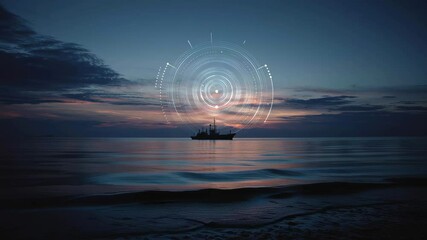Warship sails through calm waters at dusk, framed by a digital overlay of concentric circles, symbolizing technology and navigation. The serene sunset enhances the futuristic scene - Powered by Adobe