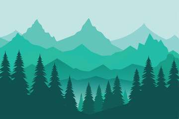 Fototapeta premium Serene Mountain Landscape Green Forest and Misty Peaks Illustration