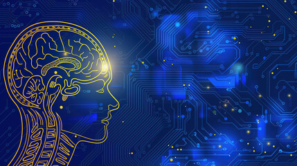 Human brain on circuit board background