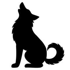Howling dog silhouette in sitting pose. Vector silhouette on transparent background