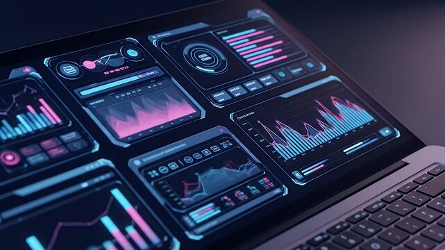 Closeup of a laptop screen displaying complex data visualizations - Powered by Adobe