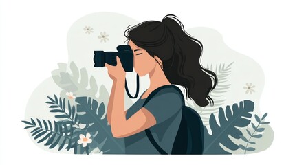 A woman with a camera, surrounded by foliage