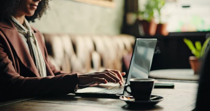 Hands, woman and typing on laptop at cafe for remote work, writing story and email feedback. Journalist, freelancer and pc for research, proofreading article and information with publication schedule