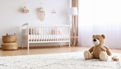 Teddy bear on a rug in a baby's nursery white crib and decor visible in the background