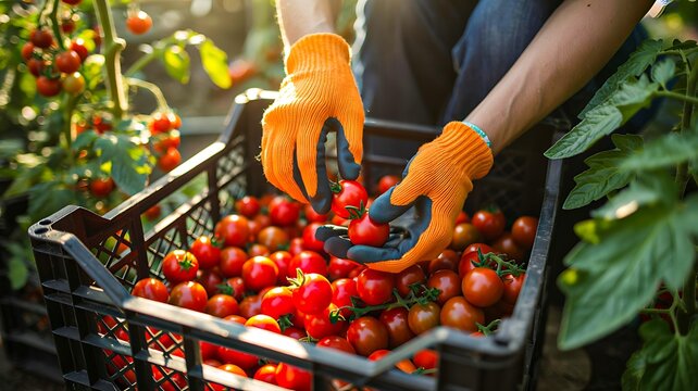 Tomato harvest shows ripe, fresh produce being carefully collected into a crate, indicating farm freshness and vegetable cultivation.