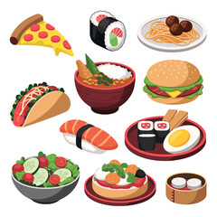 vector icons cooking food chef hat include a pizza slice, a sushi roll, spaghetti and meatballs, a curry bowl burger , fish 
