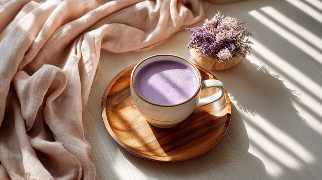 Enjoying a vibrant ube latte in natural light