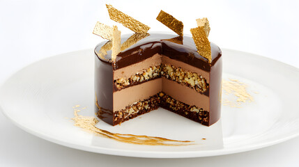 Luxurious Chocolate Caramel Crunch Entremet with Golden Garnish on Elegant White Plate