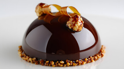Glossy Dark Chocolate Entremet with Caramel Crunch and Decorative Toppings for Elegant Desserts