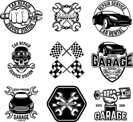 Set of tire service, car repair labels. Design elements for logo, emblem, sign, badge. Vector illustration