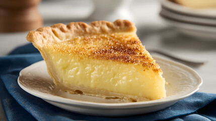 Creamy Traditional Vanilla Custard Pie Served on a White Plate with Golden Crust on a Blue Tablecloth