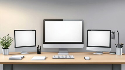 Fototapeta premium Three monitors on a wooden desk with a keyboard mouse lamp plant and stationery in a bright room