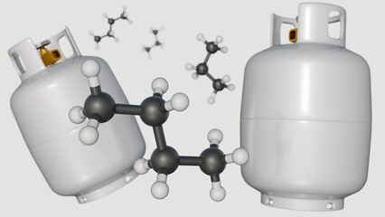 A 3D rendering of Liquefied Petroleum Gas (LPG), with a focus on its molecular components: butane and propane molecules, and white gas tanks.
