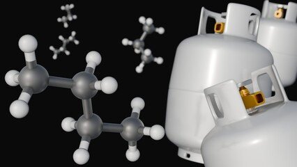 A 3D rendering of Liquefied Petroleum Gas (LPG), with a focus on its molecular components: butane and propane molecules, and white gas tanks.